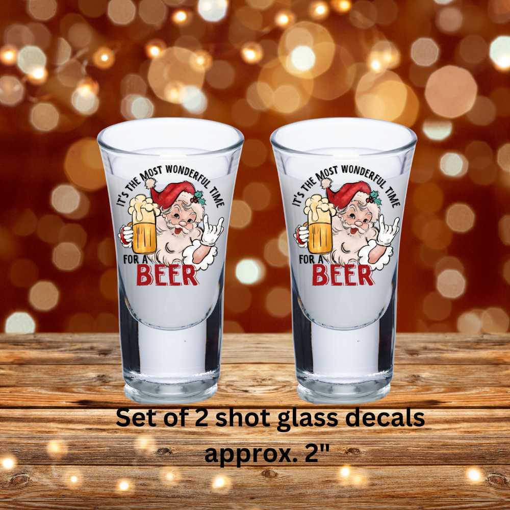 Beer Drinking Santa Set of 2 Double-Sided UV DTF Shot Glass Decals