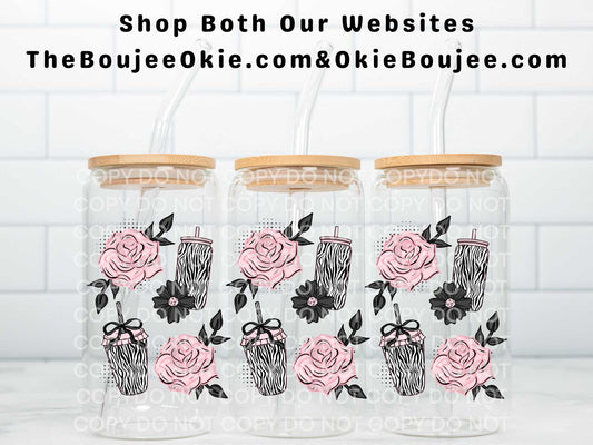 Pink Roses Zebra Drinks Uv Dtf Wrap Double Sided